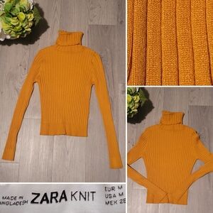 Zara Knit Mustard Brown Ribbed Long Sleeve Turtleneck Crop Sweater, Women Medium